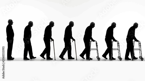 Silhouettes showing the human male aging process from youth to elderly with a walker.