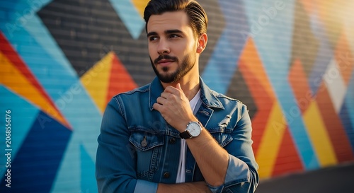 Stylish Man in Denim Jacket Posing Against Colorful Mural.