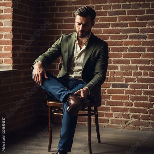 Stylish Man Sitting Confidently in a Modern Loft Setting.