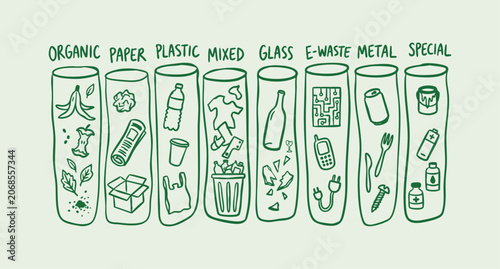 Photos Hand drawn waste segregation, recycling and waste management with organic, paper