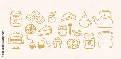 Cuadro en lienzo Minimalist bakery and breakfast, cafe food items hand drawn icon collection with