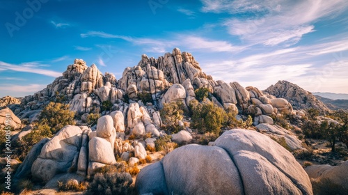Expansive desert landscape with dramatic rock formations under clear blue sky...