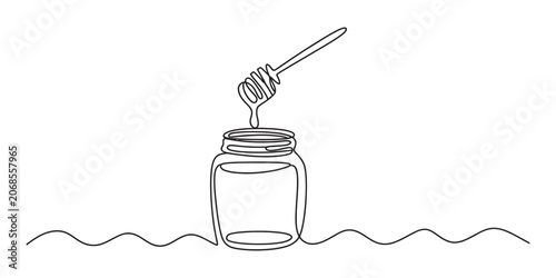 Schilderij op canvas Continuous single line drawing of a honey jar and a wooden dipper