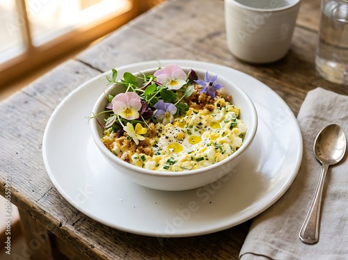 Healthy grain bowl with edible flowers on rustic table.