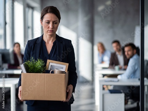 Businesswoman being fired/ laid off from office job, leaving with belongings in a box while colleagues watch	