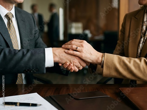 Business professionals shaking hands in office meeting.