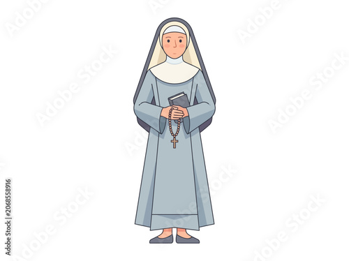 Christian nun character with bible and rosary