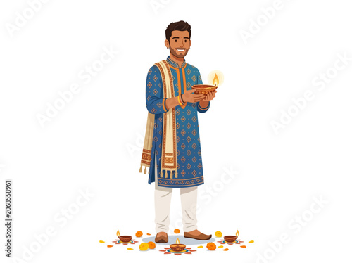 Festive Indian man holding glowing oil lamp
