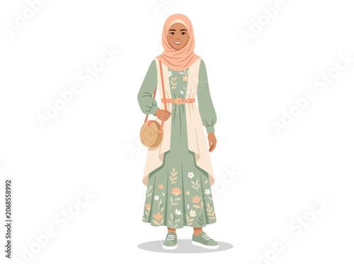 Happy Muslim Woman in Trendy Modest Outfit