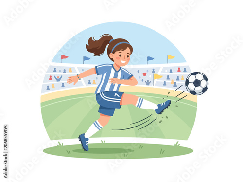 Girl playing soccer in a stadium illustration