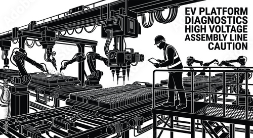 Automated Electric Vehicle Battery Assembly Line And Production Engineer Silhouette Vector