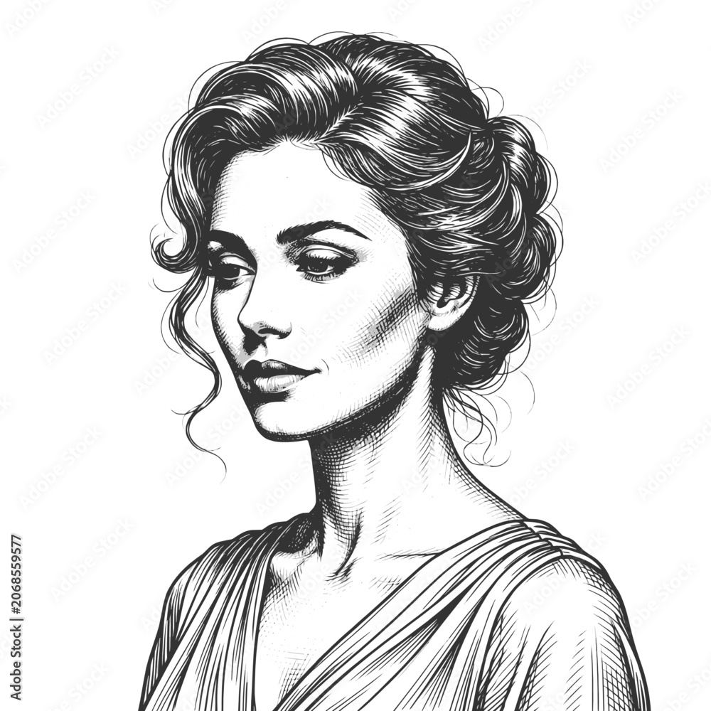 Fototapeta premium portrait of an elegant woman with a classic updo hairstyle, soft expression, and graceful vintage fashion sketch engraving generative ai vector illustration. Scratch board imitation. Black and white.