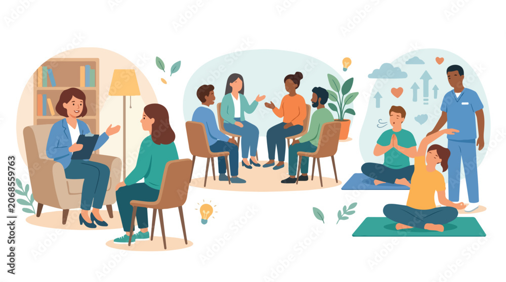 Fototapeta premium Illustration of diverse people engaging in mental health therapy and wellness activities.