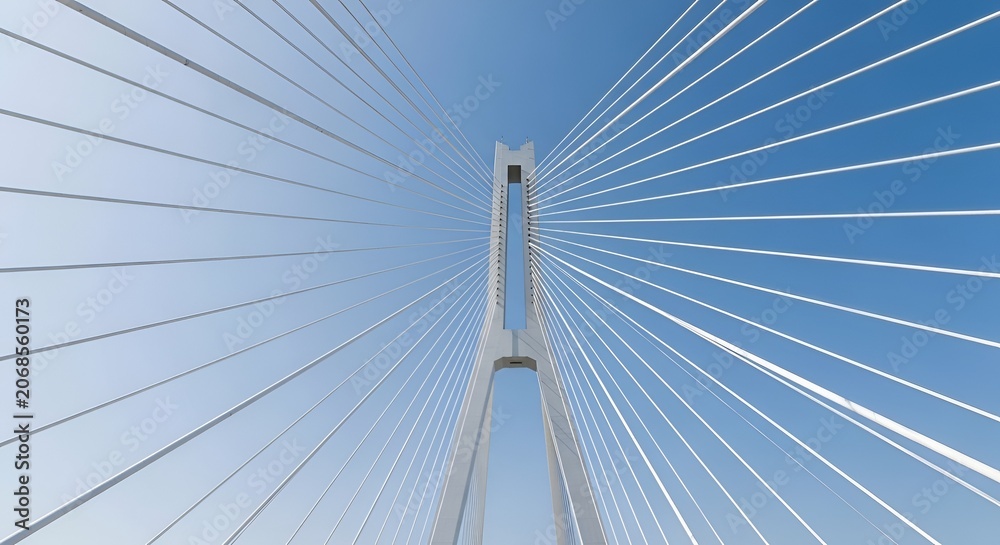 Fototapeta premium Low angle view of a modern cable stayed bridge against a clear blue sky architectural engineering detail