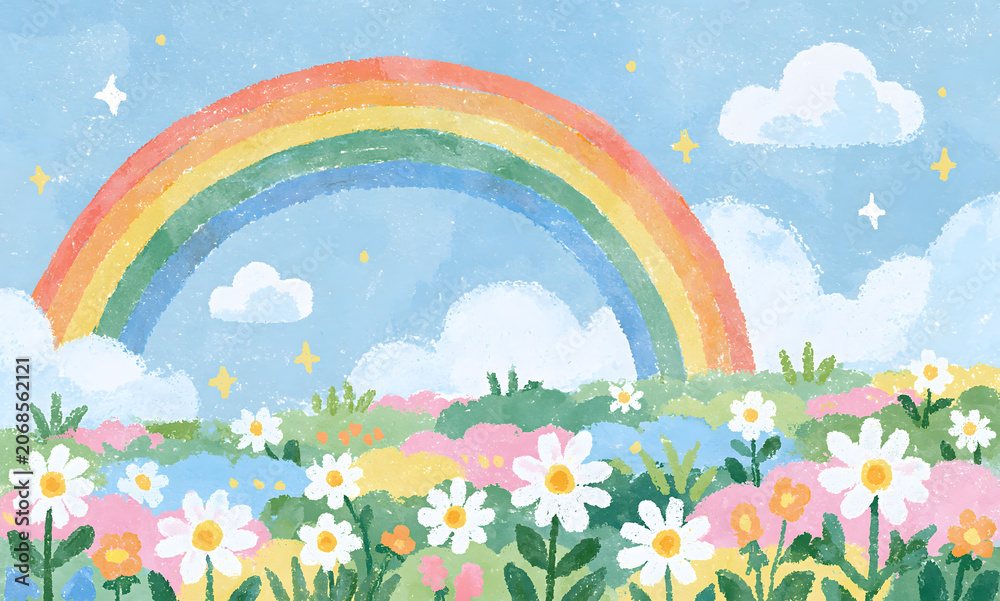 Naklejka premium a cheerful rainbow arching over a pastel colored meadow full of daisies, bright blue sky, joyful whimsical atmosphere, watercolor and painterly style