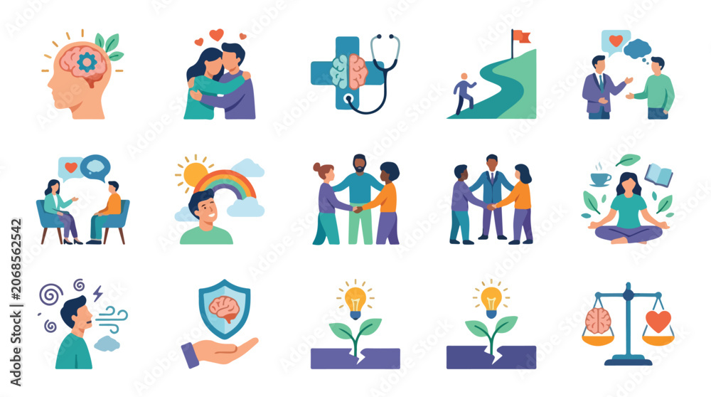 Fototapeta premium Mental Health and Psychological Well-being Concept Illustrations Set.