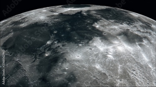 Extreme close-up of full moon surface, high resolution crater details, dark space background