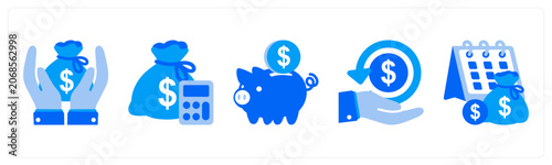A set of 5 monochrome icons as receipt, cash, financial graph