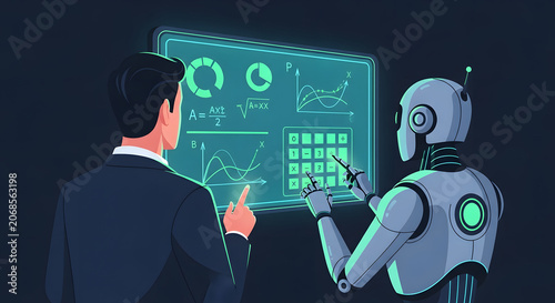 Artificial intelligence robot and businessman analyzing financial data