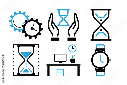 Comprehensive collection of time related icons showing hourglass watch desktop workspace gears management tools design elements.