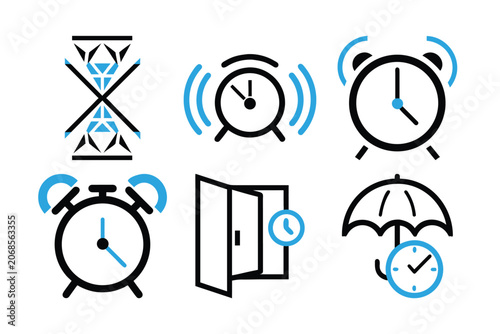 Set of modern line clock icons featuring various business metaphors like time management planning strategy and scheduling elements.
