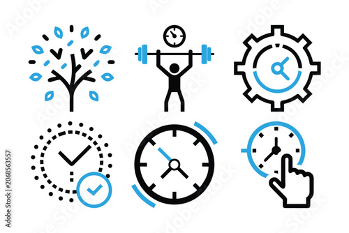 Time management and deadline control icon set. efficient planning, productivity, work-life balance, and goal achievement.