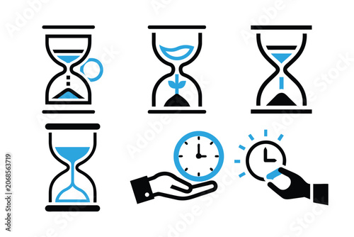 Hourglass and time on hand icons for concepts of time limits, deadlines, and efficiency in business and life.