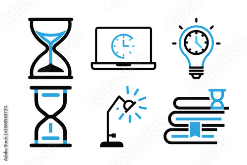 Time management icons: hourglass, laptop with clock, lightbulb, and books for study and learning duration.