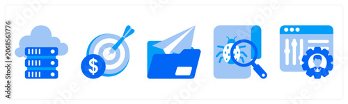 A set of 5 monochrome icons as web notification, testing, website reputation