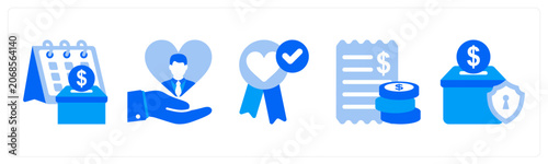 A set of 5 monochrome icons as mobile donation, food donation, environmental charity