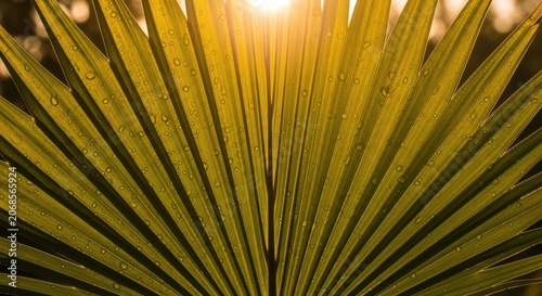 Golden hour palm frond with dew drops for biophilic design and tropical mindfulness background