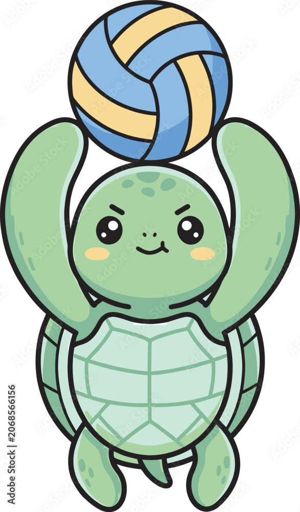 Obraz premium Cute cartoon turtle vector character lifting a blue and yellow striped volleyball directly overhead. Perfect for youth beach sports team branding, school athletic club logos, or playful animal sticker