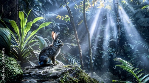 A rabbit sits on a rock, lit by sunbeams piercing a lush, vibrant jungle