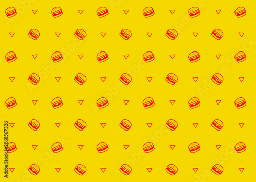 Seamless burger. Fast food illustration pattern. Food packaging, menu illustration. Restaurant. Red outline and yellow background