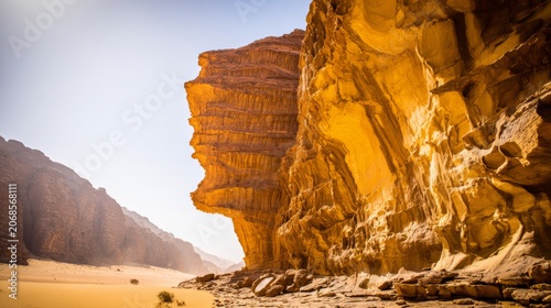 tonalite. Stepped rock layers in a canyon wall, desert landscape. travel magazines, destination branding, wall prints, designed for outdoor magazines and nature guides, used by graphic designers.
