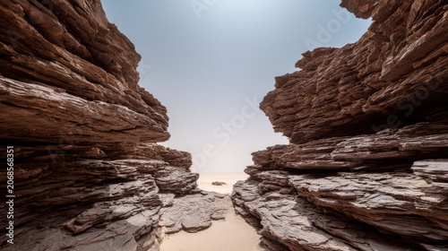 tonalite. Stepped rock layers in a canyon wall, desert landscape. travel magazines, destination branding, wall prints, designed for outdoor magazines and nature guides, used by graphic designers.

