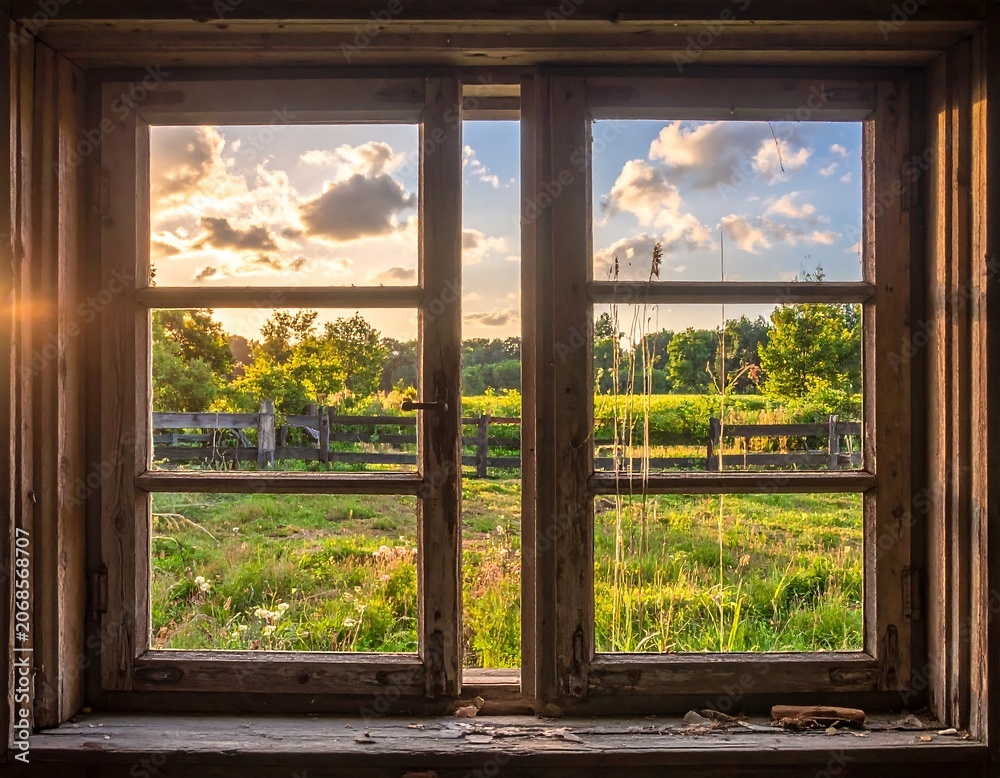 Fototapeta premium Rustic window frame overlooking a sunlit meadow with green trees and sky
