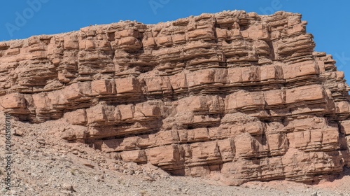 tonalite. Stepped rock layers in a canyon wall, desert landscape. travel magazines, destination branding, wall prints, designed for outdoor magazines and nature guides, used by graphic designers.
