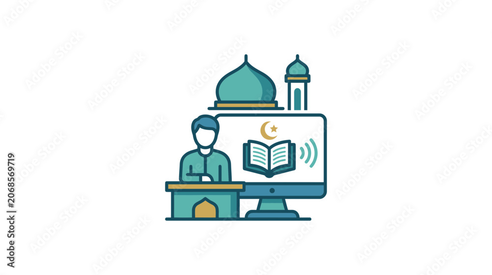 Fototapeta premium Online Islamic Education, Mosque, Quran, Digital Learning, Faith Study