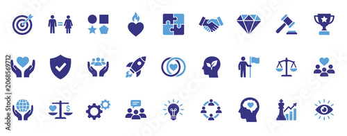 Core Values icon set covering trust, teamwork, fairness, care and integrity glyph symbols for mission driven organizations.