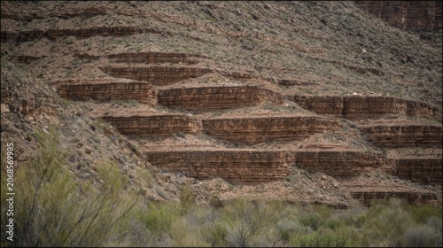 tonalite. Stepped rock layers in a canyon wall, desert landscape. travel magazines, destination branding, wall prints, designed for outdoor magazines and nature guides, used by graphic designers.
