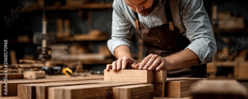 A focused craftsman shapes a wooden block in a workshop filled with tools and timber.
