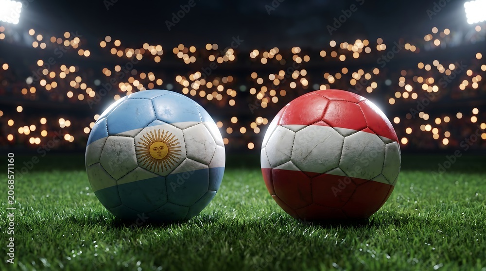Fototapeta premium Soccer balls with argentina and austria flags on green grass field in a large stadium with bright floodlights during night time event