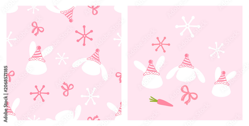 Fototapeta premium Cute bunny winter seamless pattern with party hats, snowflakes, bows and carrot on pastel pink background, adorable nursery rabbit illustration for baby products and fabric design