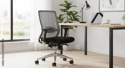 A modern office chair with a mesh backrest and black seat, placed in front of a wooden desk with a laptop and a plant in a glass vase.