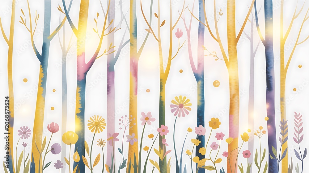 Obraz premium Enchanting watercolor forest scene showcasing tall colorful tree trunks and radiant wildflowers