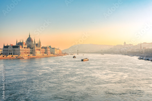 Danube river with the Hungarian Parliament Building and Szechenyi Chain Bridge in Budapest, Hungary