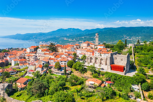 Aerial view of old town of Kastav above Kvarner bay in Croatia