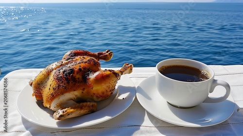 A roasted chicken and coffee, set on white linen, near a vast blue sea, outdoors