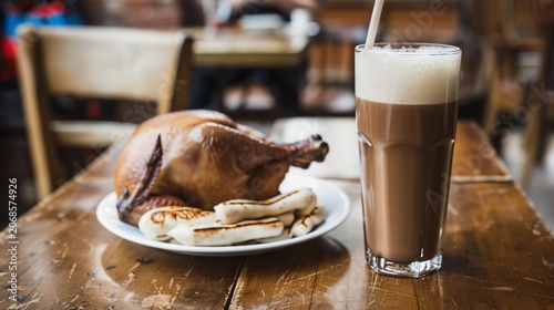 A roasted chicken and sausage platter with a chocolate drink on a rustic wooden table